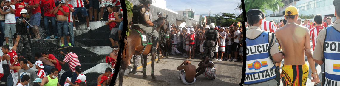 Montagem de fotos que mostram a atuação da polícia para conter brigas entre torcedores