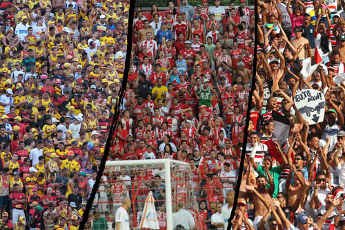 Montagem de imangens com as torcidas organizadas do Sport, Náutico e Santa Cruz na arquibancada dos estádios